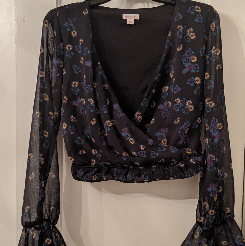 Cropped wrap blouse with sheer sleeves